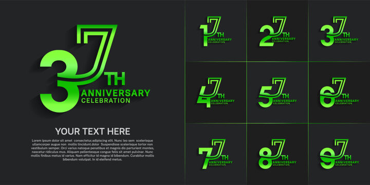 Anniversary logo style double line number set. green color on black background for celebration event