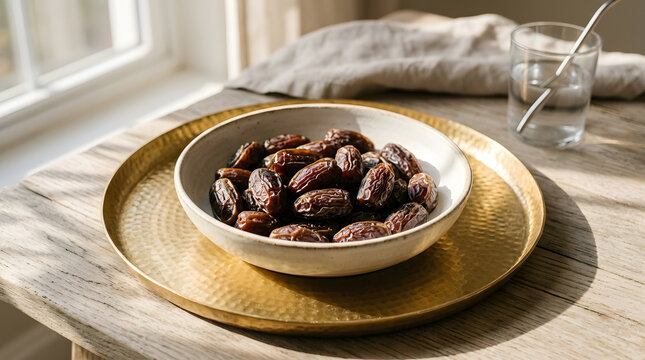 Dried Dates in Ceramic Bowl on Golden Tray for Iftar with Glass of Water