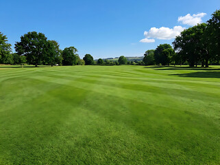 Obraz premium Green grass field with trees on sunny day isolated on transparent background