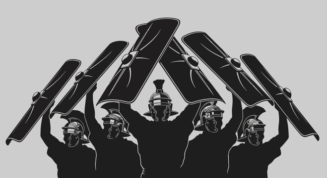 Roman Soldiers Formation Shields Overhead Silhouette