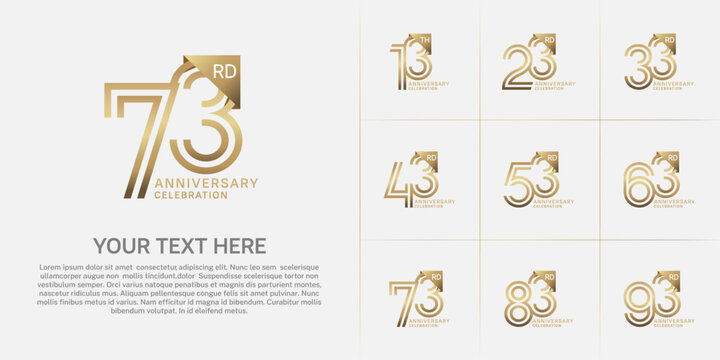 Anniversary logo type set with double line number. golden color for celebration event