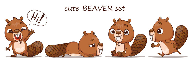 A delightful and cute beaver set featuring playful cartoon beavers, all in diverse fun poses and joyful expressions © EnyaLis