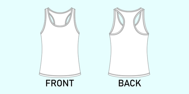 Technical flat sketch showing the front and back views of a basic white racerback tank top for fashion apparel design.