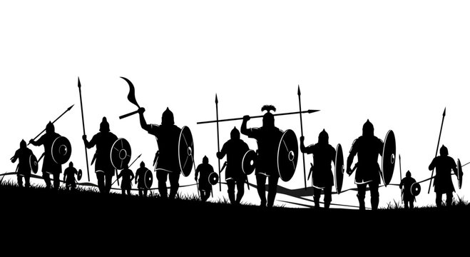 Silhouette of ancient warriors marching on a hill with spears and shields