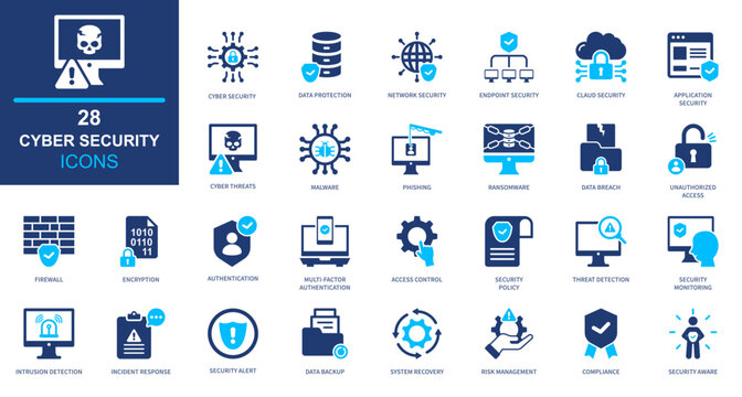 Cyber security icon set. protection, network, data, encryption, system. solid style icon collection.