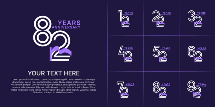 Anniversary logo type set with double line number. white color and purple ribbon for celebration event
