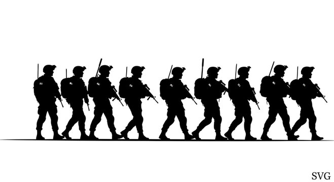 Silhouette of Soldiers Marching in Formation with Rifles and Backpacks
