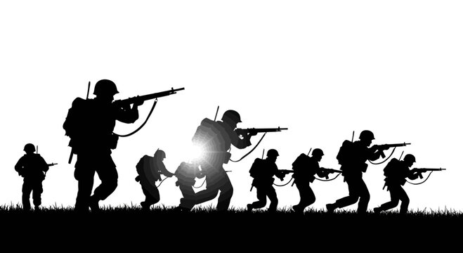 Silhouette soldiers advancing with rifles on white background