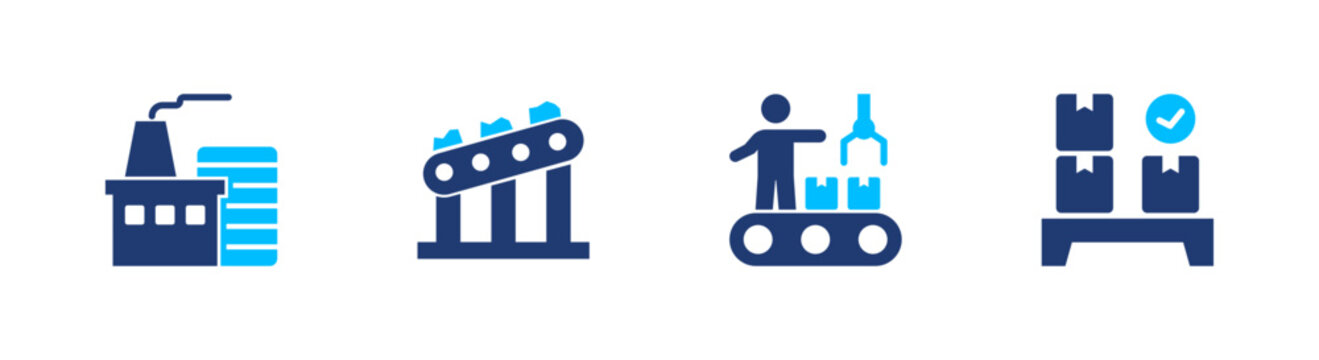 Manufacturing process icon set. factory, production, assembly, industry, system. solid style icon collection.