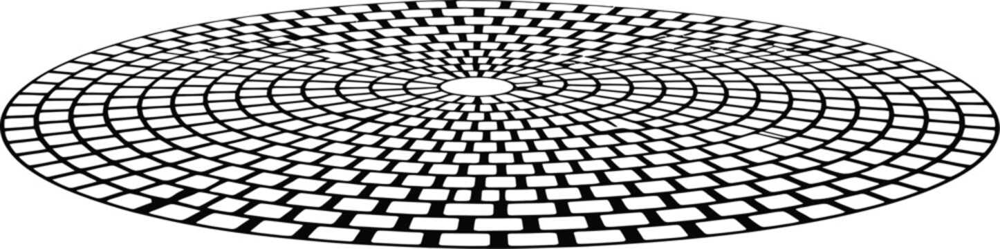 Geometric circular radial paving pattern, illustration, seamless black and white cobblestone stone floor texture with high contrast perspective design.