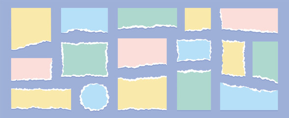 Fototapeta premium Paper torn note texture set. Hand drawn paper torn note with edge tear rip frame old sheet. Pink blue green yellow scrapbook memo vintage picture border realistic background. Vector illustration