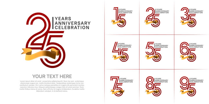 Anniversary logo type set with double line number. red color with gold ribbon for celebration event