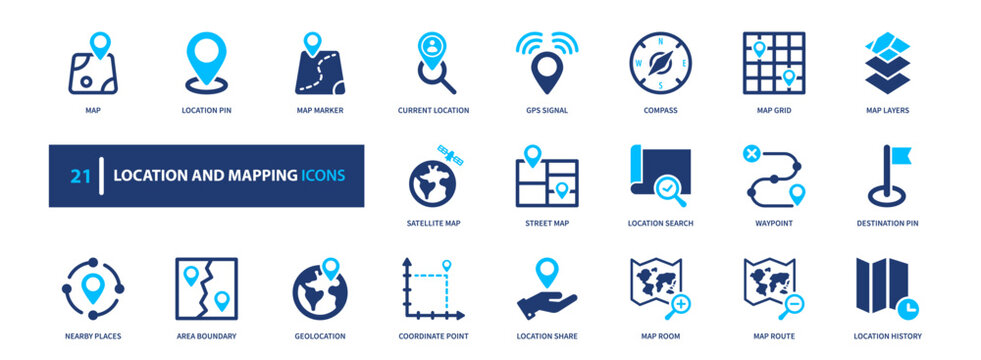 Location and mapping icon set. gps, navigation, map, tracking, route. solid style icon collection.