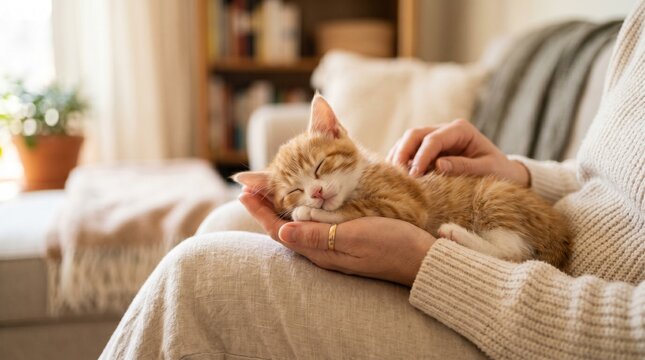 Sleeping Kitten on Human Hand, Warm Bonding Moment Between Pet and Owner