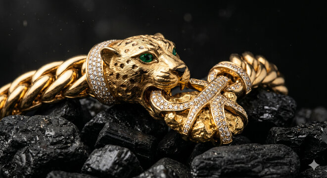 Close-up of a gold bracelet with leopard head design, green gemstone eyes and diamond accents, holding a textured gold element on dark rocks.
