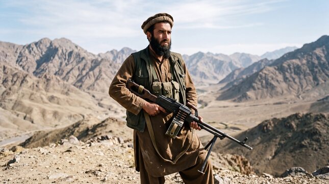Editorial style portrait of an armed Middle Eastern or Afghan fighter holding a heavy machine gun while standing guard in a rugged, arid mountainous landscape