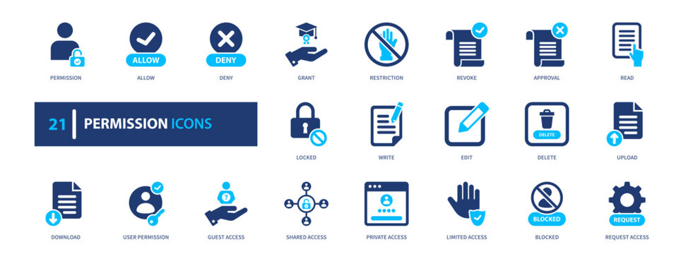 Permission icon set. access, control, security, authorization, user. solid style icon collection.