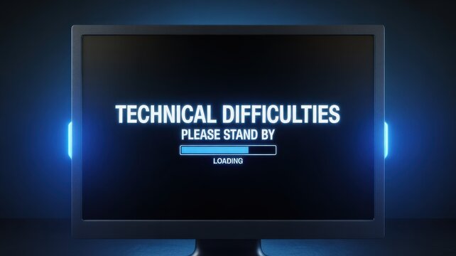 premium Computer monitor displaying technical difficulties message with loading bar on dark background background