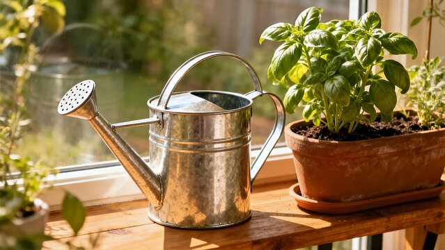 Watering can with basil pot, calm garden lifestyle still life
