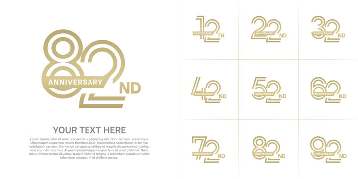 Anniversary logo type set with double line number. golden color with ribbon for celebration event