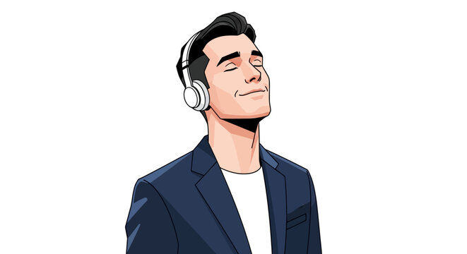 Handsome man in blue blazer wearing wireless headphones and eyes closed enjoying music, vector illustration.