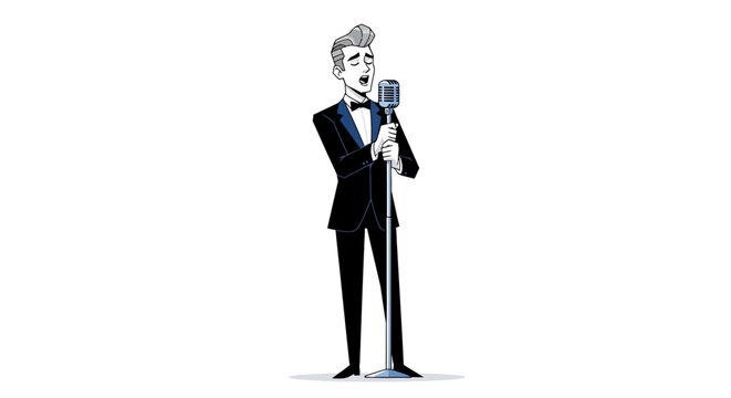 Elegant male jazz singer in tuxedo performing with vintage microphone, cartoon illustration.