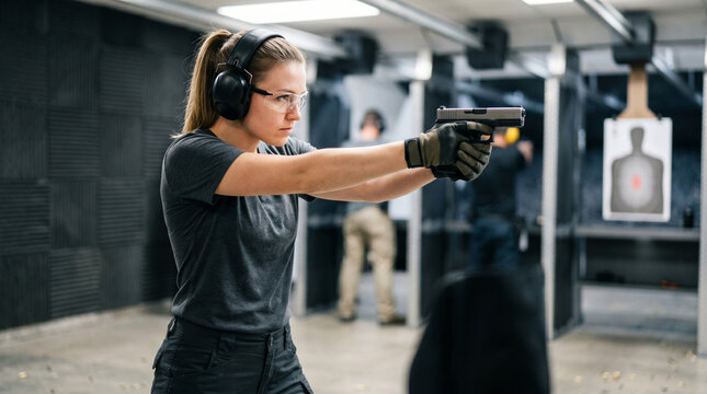 Focused young woman aiming and firing a handgun at an indoor shooting range. She is wearing proper safety equipment, including protective glasses, earmuffs, and tactical gloves