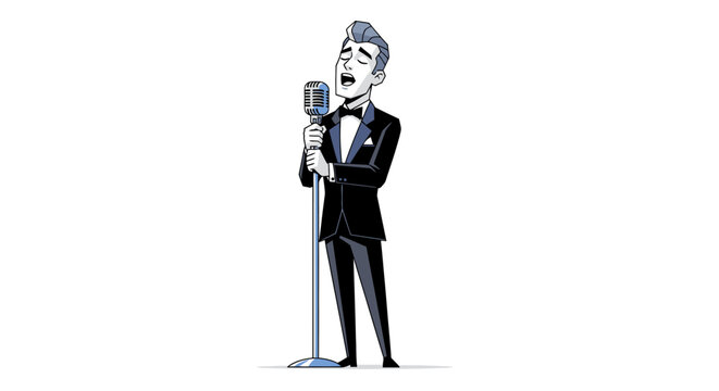 Elegant male jazz singer in tuxedo performing with vintage microphone, cartoon illustration.