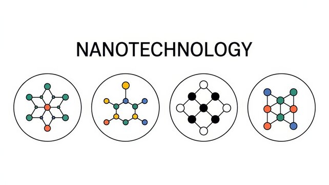 premium Nanotechnology concept header with molecular structure icons isolated on white background background