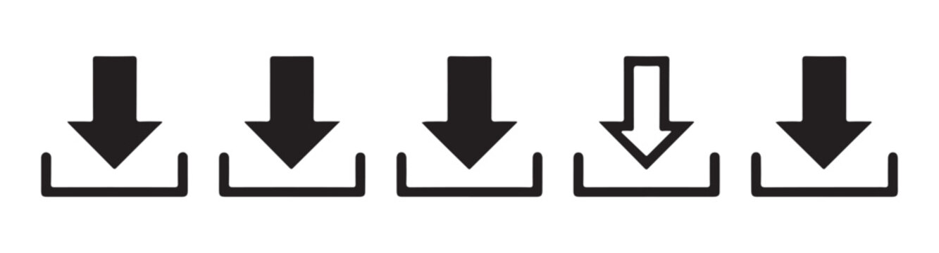 Minimalist black download button collection with diverse arrow and bracket styles on checkered gray background.