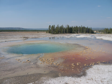 Yellowstone volcanic landscape with Opal Pool geyser