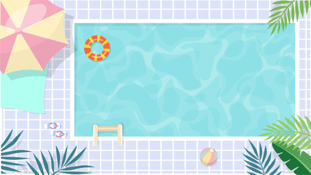 Top view of a swimming pool with turquoise water, a lifebuoy, and a beach umbrella. Flat vector illustration of a summer poolside with palm leaves. Refreshing summer holiday background