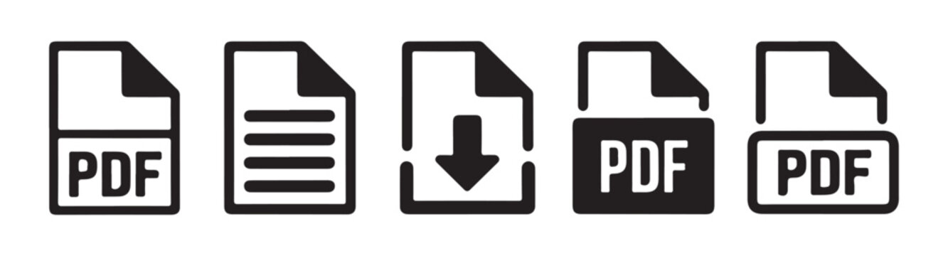 Set of black pdf icon in flat style isolated on transparent background document file type icon.