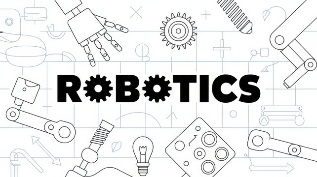 premium ROBOTICS Text with Gears and Mechanical Engineering Components on Schematic Grid Background background