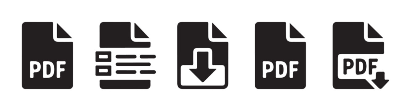 Set of black pdf icon in flat style isolated on transparent background document file type icon.