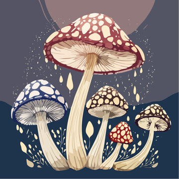Enchanting Forest Mushrooms Illustration with Dripping Caps and Whimsical Details