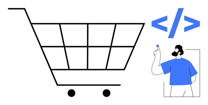 E-commerce, web design, coding, application development, UI UX, digital retail. Illustration with shopping cart and web developer figure. E-commerce and web design conceptual theme