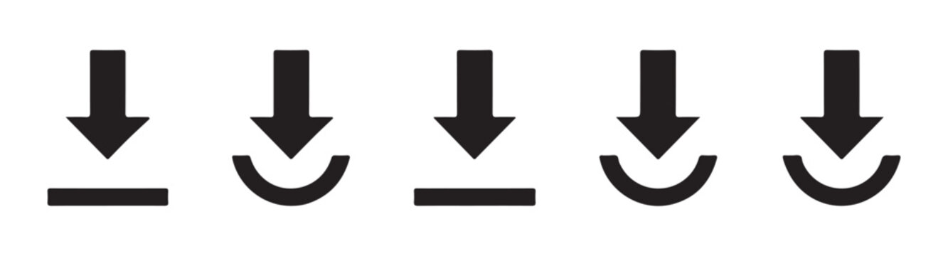 Set of five black download icons, featuring a downward arrow pointing into a line or a rounded line.