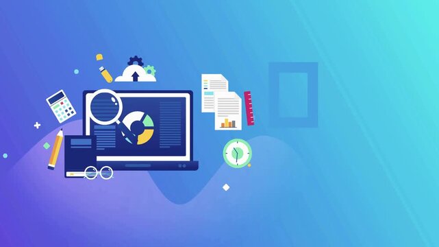 Digital data analysis animation displays colorful charts and graphs on a laptop screen with icons.