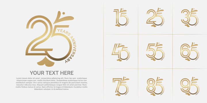 Anniversary logo type set with double line number. golden color with leaf ornament can be use special moment