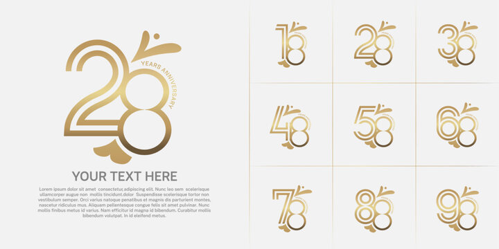 Anniversary logo type set with double line number. golden color with leaf ornament can be use special moment