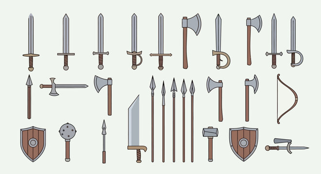 Medieval swords and shields on display.