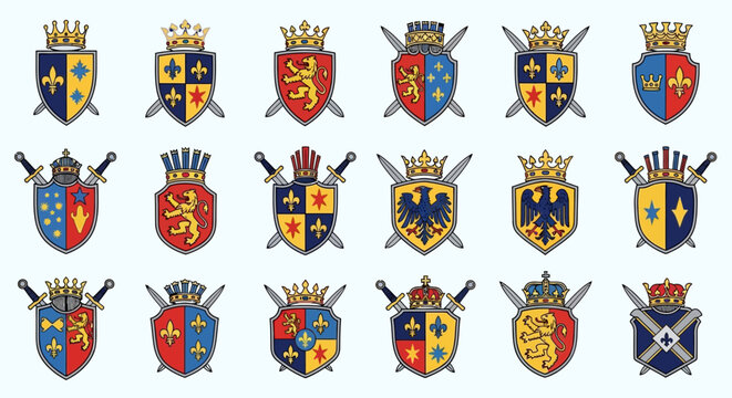 Heraldic shields with crowns and swords.