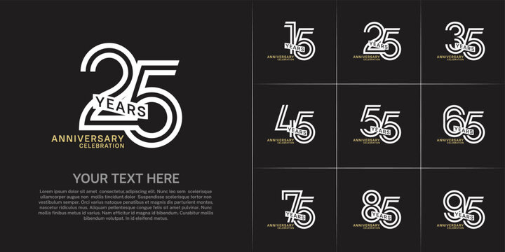 Anniversary logo type set with double line number. white and gold color with ribbon can be use special moment
