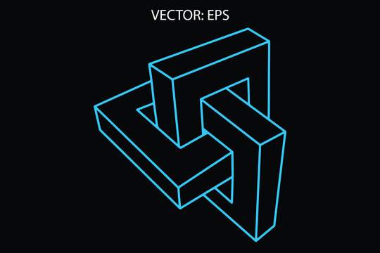 Abstract 3D Isometric Geometric Structure Line Art Vector Illustration in Neon Blue on Black Background