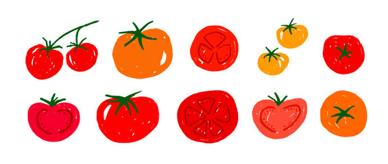Hand drawn tomato set. Red tomatoes doodle collection. Organic healthy food bundle for restaurant, cooking recipe. Italian fresh farm vegetable sketch element pack. Vector illustration © vika_k