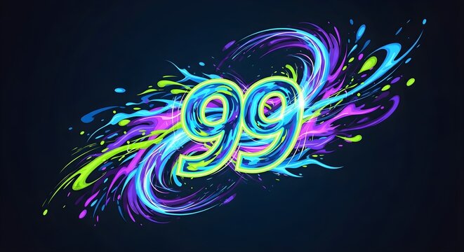 Vibrant neon number 99 with colorful swirling design