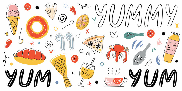 hand drawn doodles of various foods on white background
