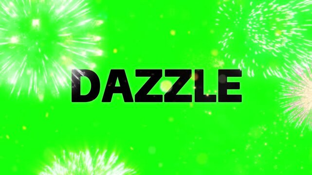Dazzle text overlay displayed over bright colorful explosive fireworks animation footage for festive holiday celebrations and party backgrounds