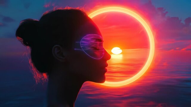 Woman silhouette with glowing ring and futuristic visor against sea at sunset